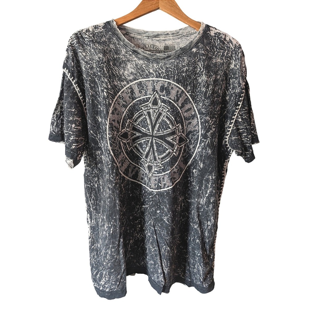 Affliction Tee Mens 2XL Black Acid Wash Live Fast Graphic Wings Y2K MMA Cross